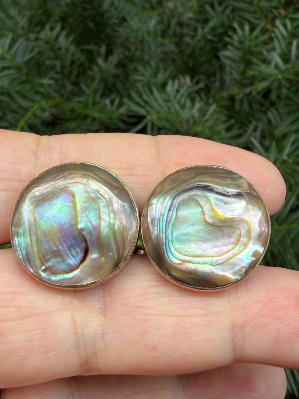 VINTAGE ABALONE MOTHER OF PEARL LARGE ROUND CUFFLINKS STERLING SILVER